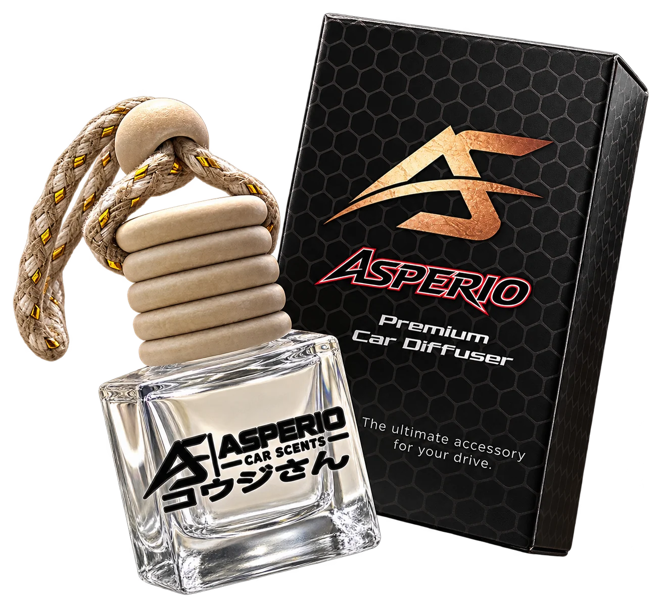 Asperio car fragrance bottle beside its black branded presentation box