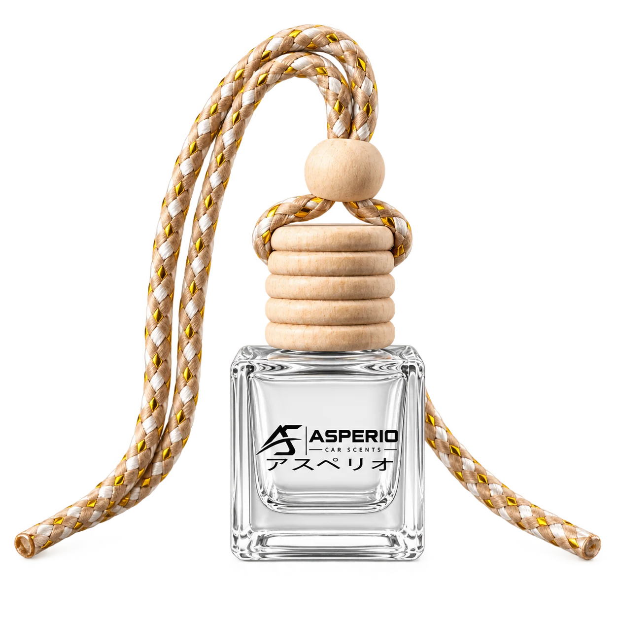 Asperio glass car diffuser with a ribbed wooden cap and braided hanging cord