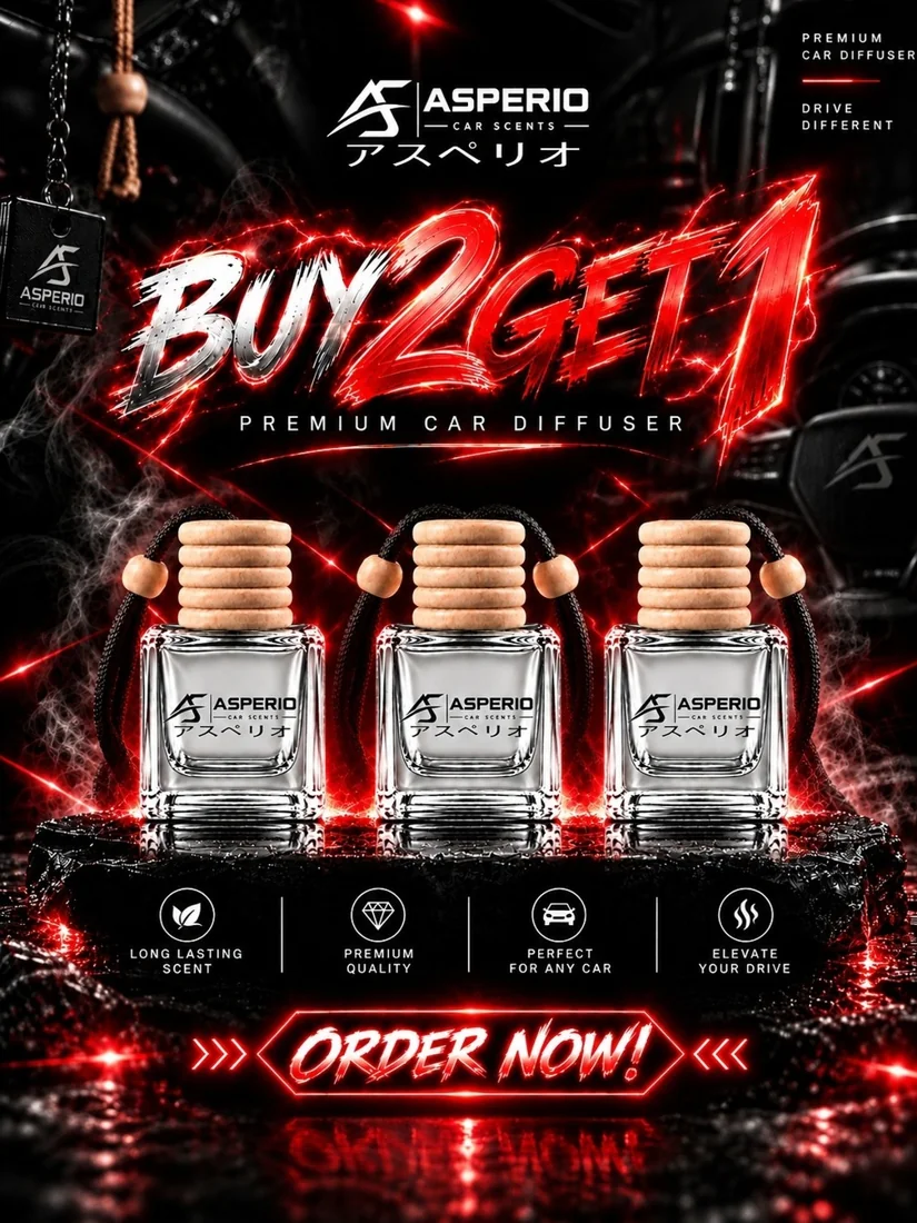Asperio Buy 2 Get 1 promotional artwork showing three car diffusers