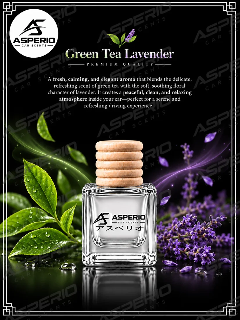 Asperio Green Tea Lavender car diffuser — original product artwork from the Shopee listing